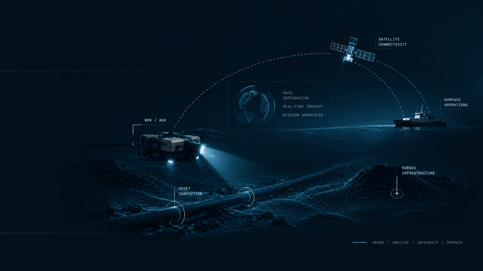 Conceptual visualization connecting an underwater vehicle and subsea pipeline with surface operations, satellite connectivity and shared mission data.