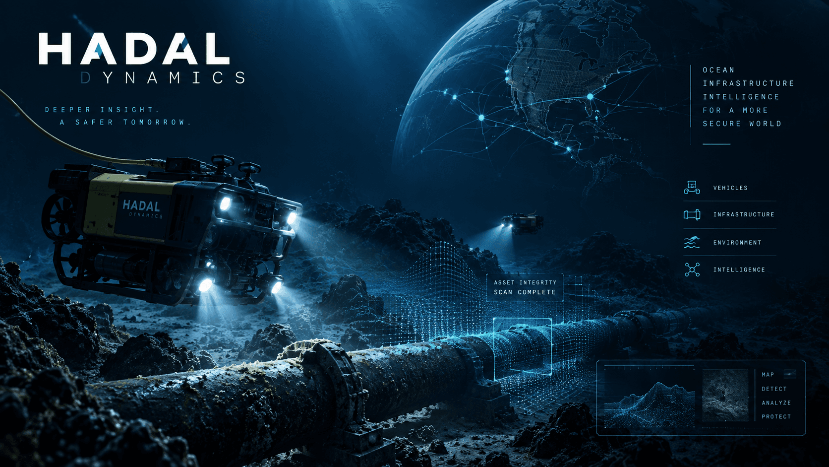 Conceptual underwater vehicles inspect subsea infrastructure while digital mapping and intelligence overlays connect the operating environment to a global view.