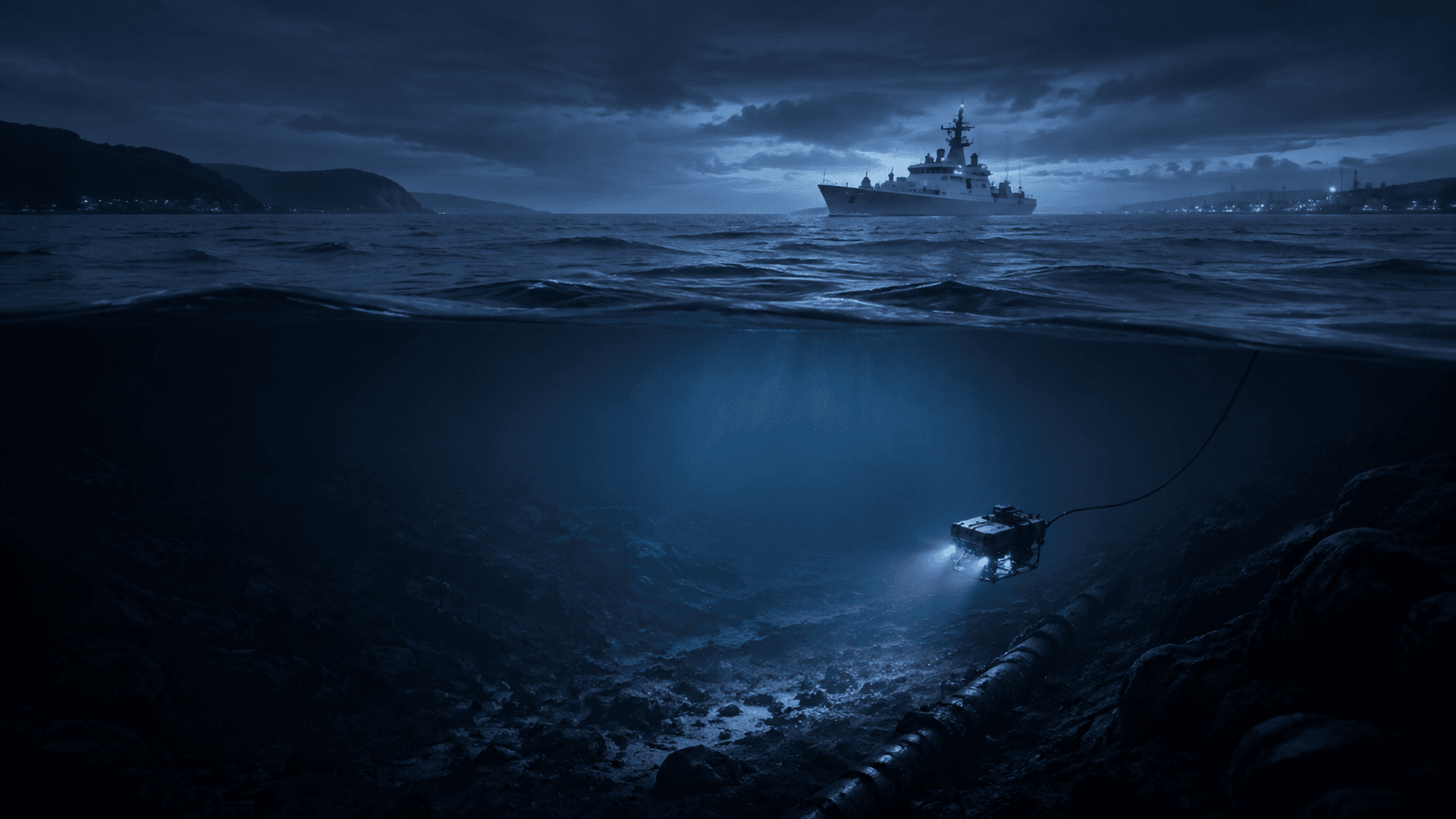 A generic maritime vessel and underwater vehicle operate above a dark coastal seabed.