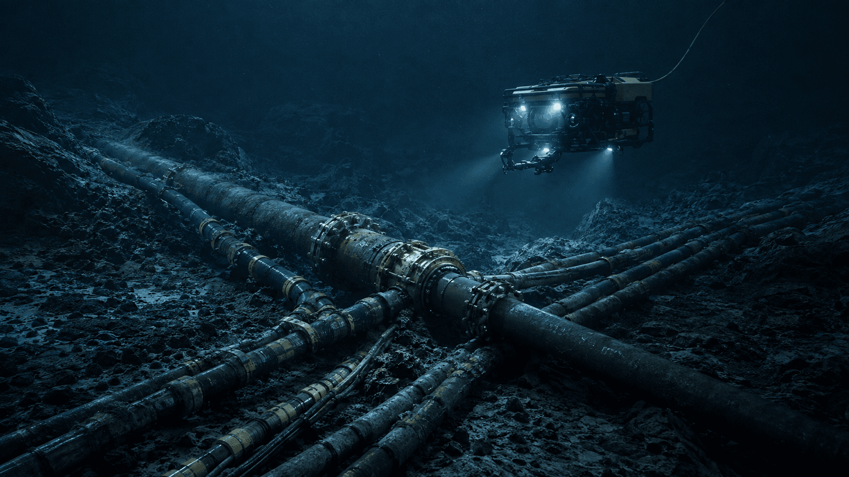 A generic underwater vehicle inspects cables and a pipeline junction on the seabed.