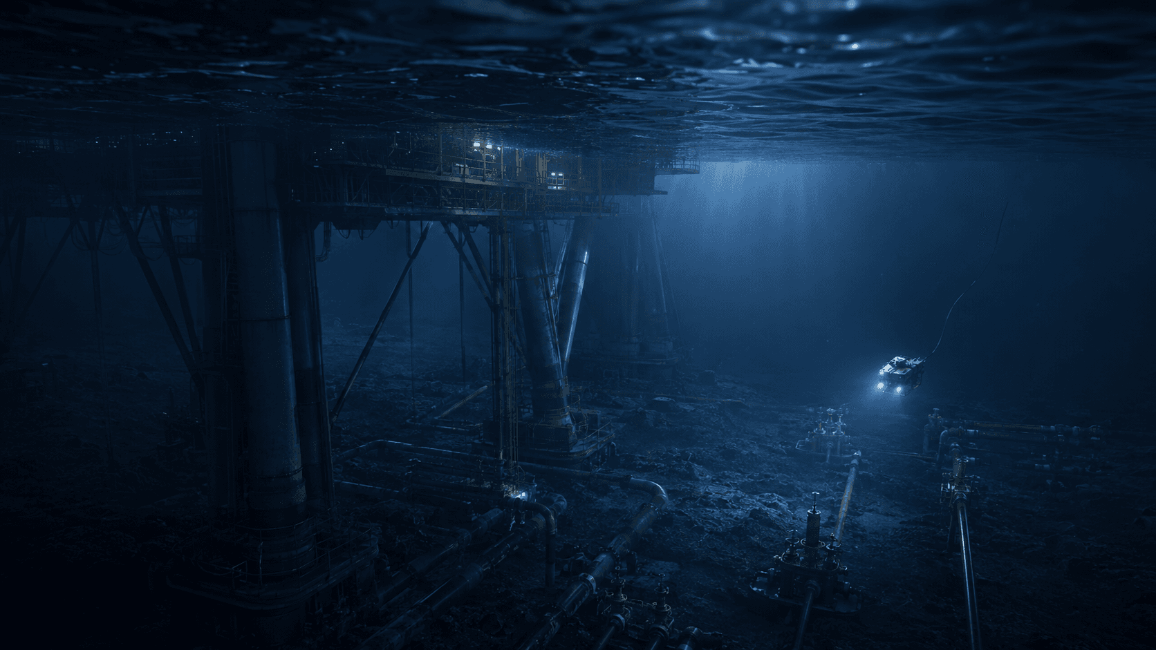 A generic underwater vehicle surveys equipment beneath an offshore installation.