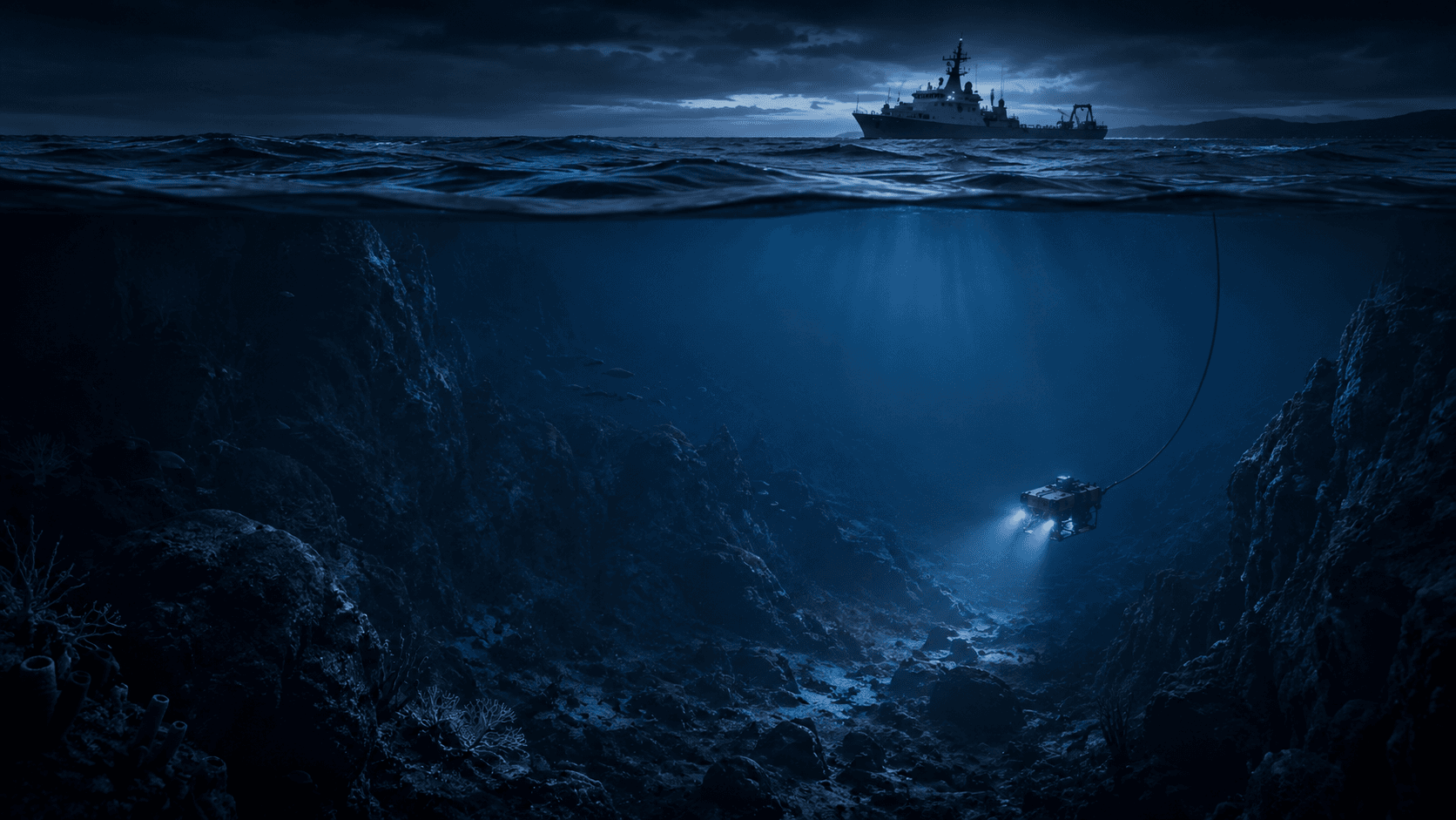 A generic research vessel and underwater vehicle explore a deep-ocean canyon.