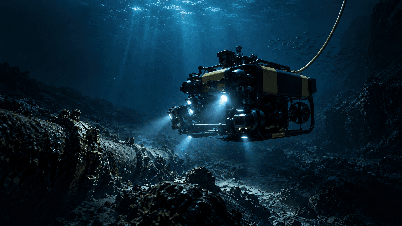 An unbranded underwater vehicle illuminates subsea infrastructure on the ocean floor.