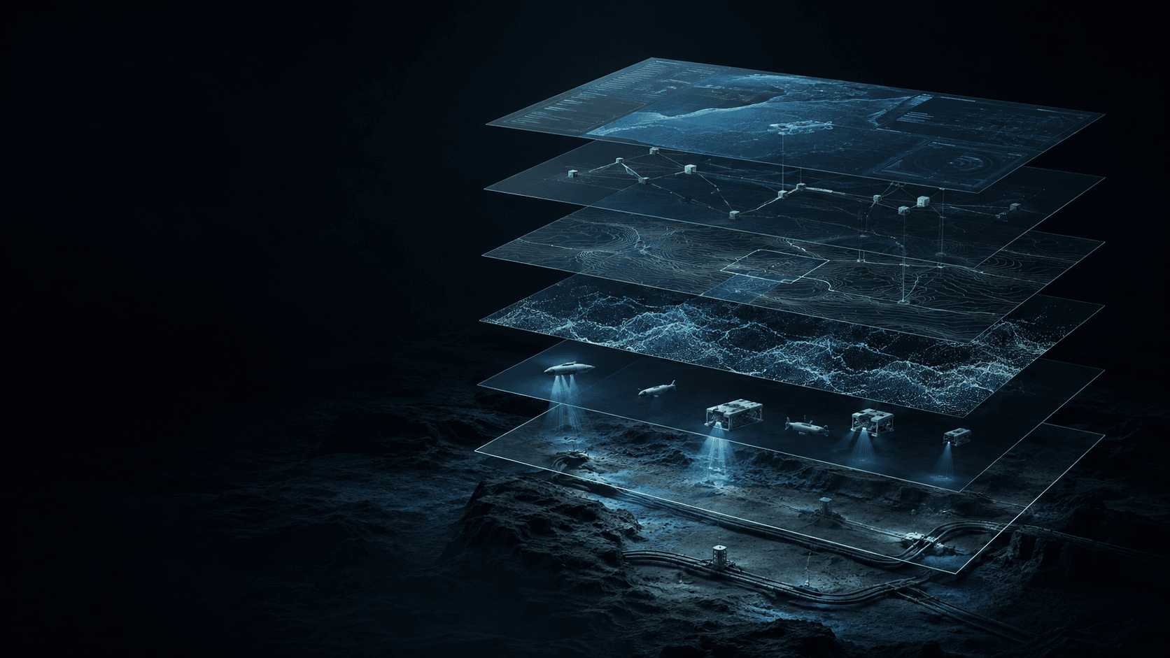 Exploded conceptual layers connect subsea infrastructure, underwater vehicles, sensor data, mission context and an operator interface.